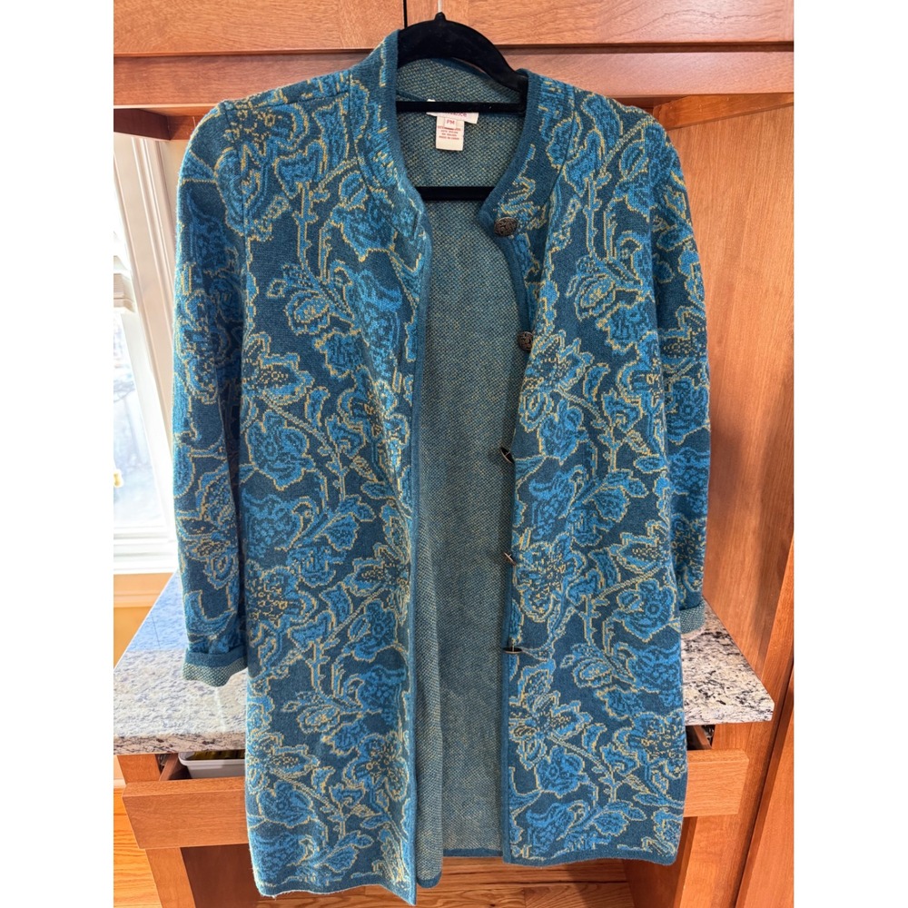 Sundance Merino Wool Floral Knit Longline Cardigan Sweater Teal Gold PM Women's